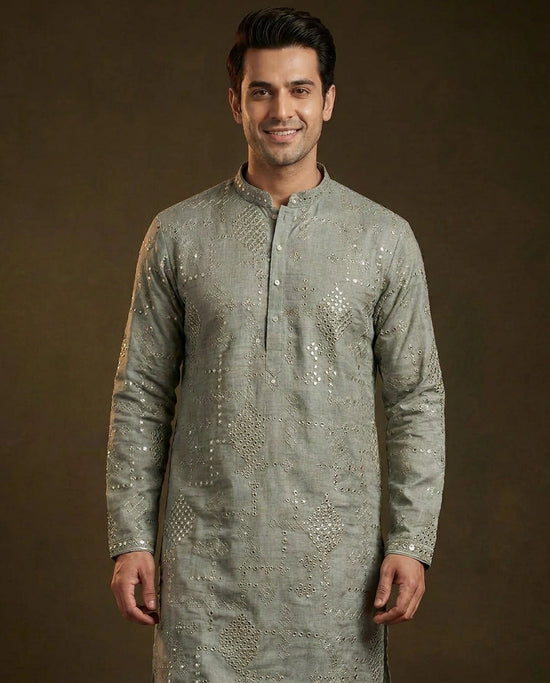 Men's Cotton Linen Kurta Pajama Set Mirror Work