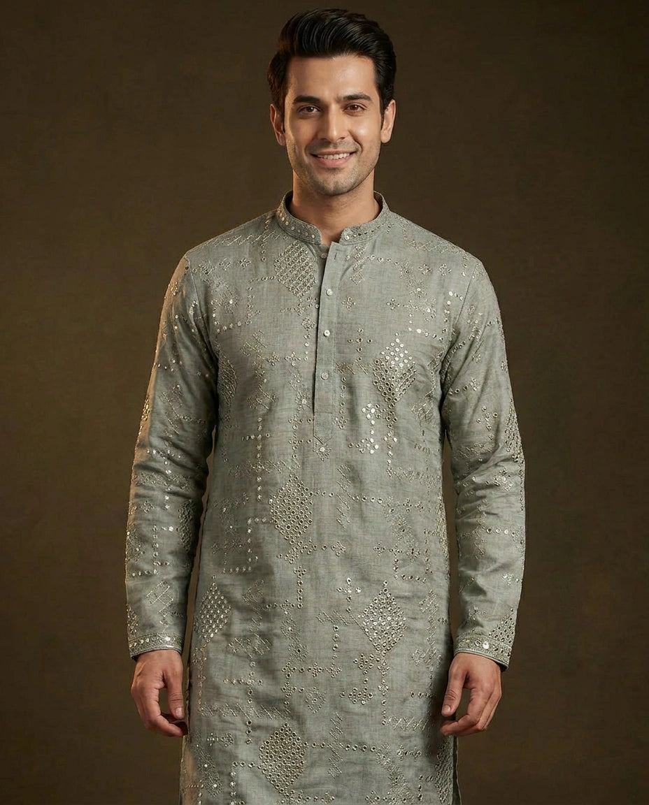Men's Cotton Linen Kurta Pajama Set Mirror Work