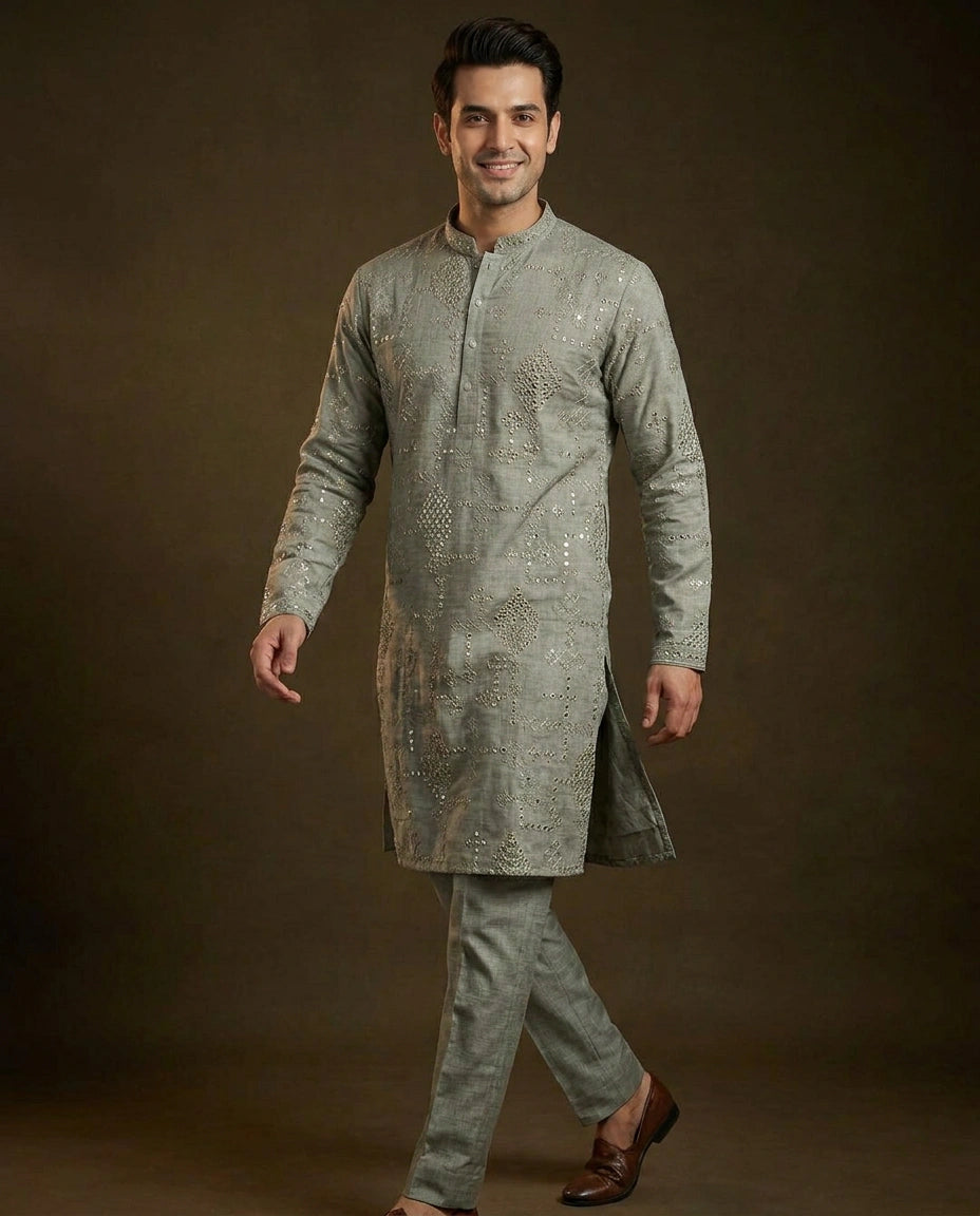 Men's Cotton Linen Kurta Pajama Set Mirror Work — photo 3 of 5
