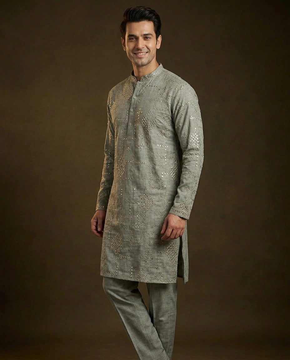 Men's Cotton Linen Kurta Pajama Set Mirror Work — photo 4 of 5