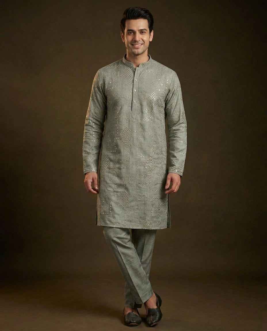 Men's Cotton Linen Kurta Pajama Set Mirror Work — photo 5 of 5