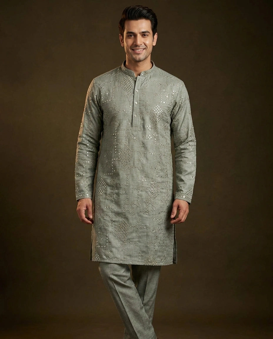 Men's Cotton Linen Kurta Pajama Set Mirror Work — photo 2 of 5