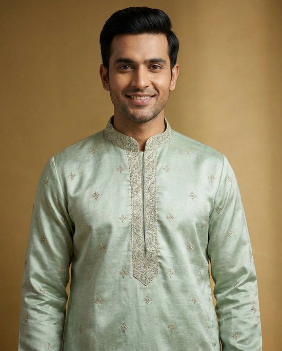 Men's Embroidered Tussar Silk Kurta Pajama Set