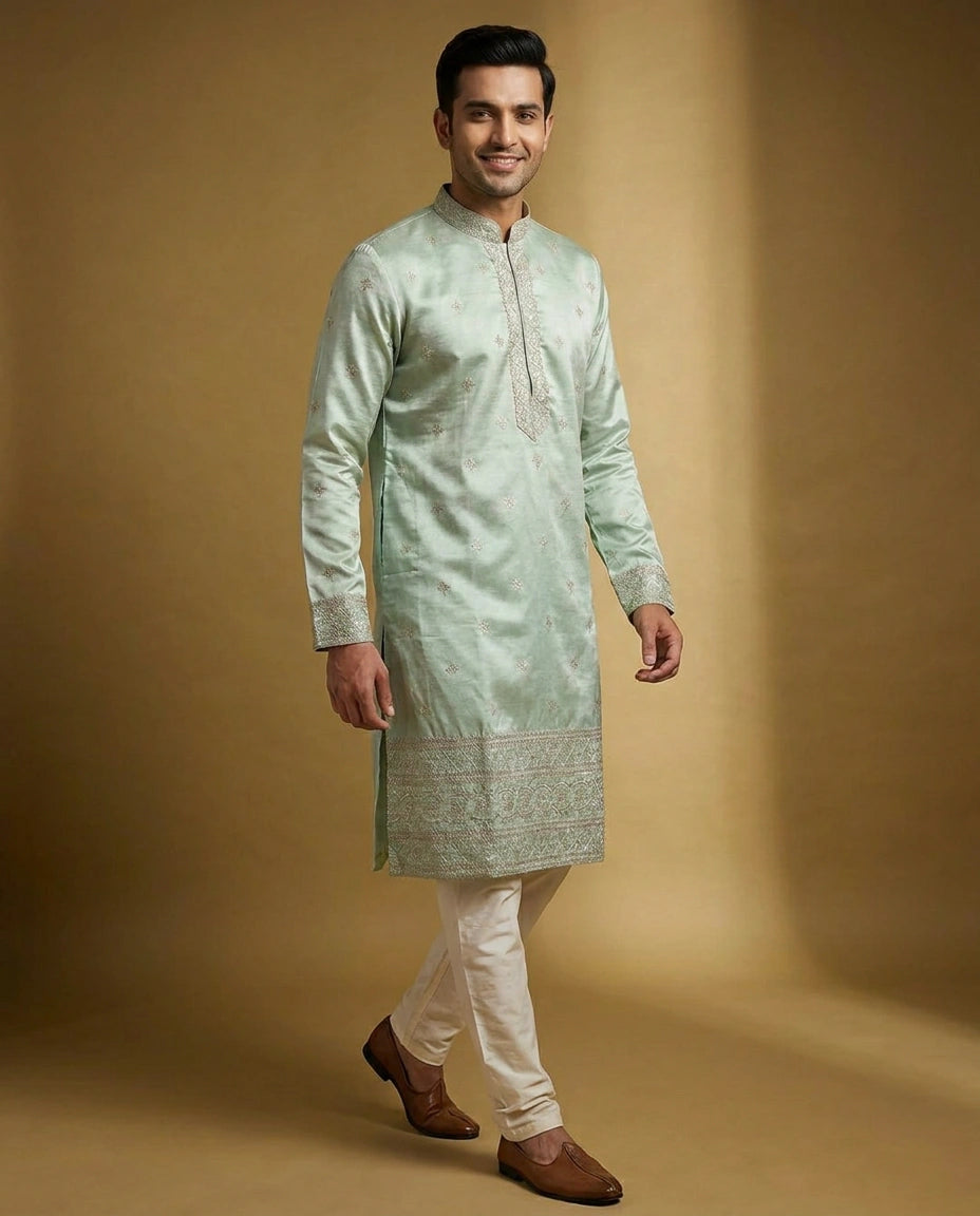 Men's Embroidered Tussar Silk Kurta Pajama Set — photo 4 of 8