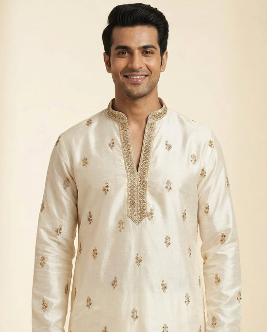 White Silk Katan Kurta Pajama Set - Rangoli India