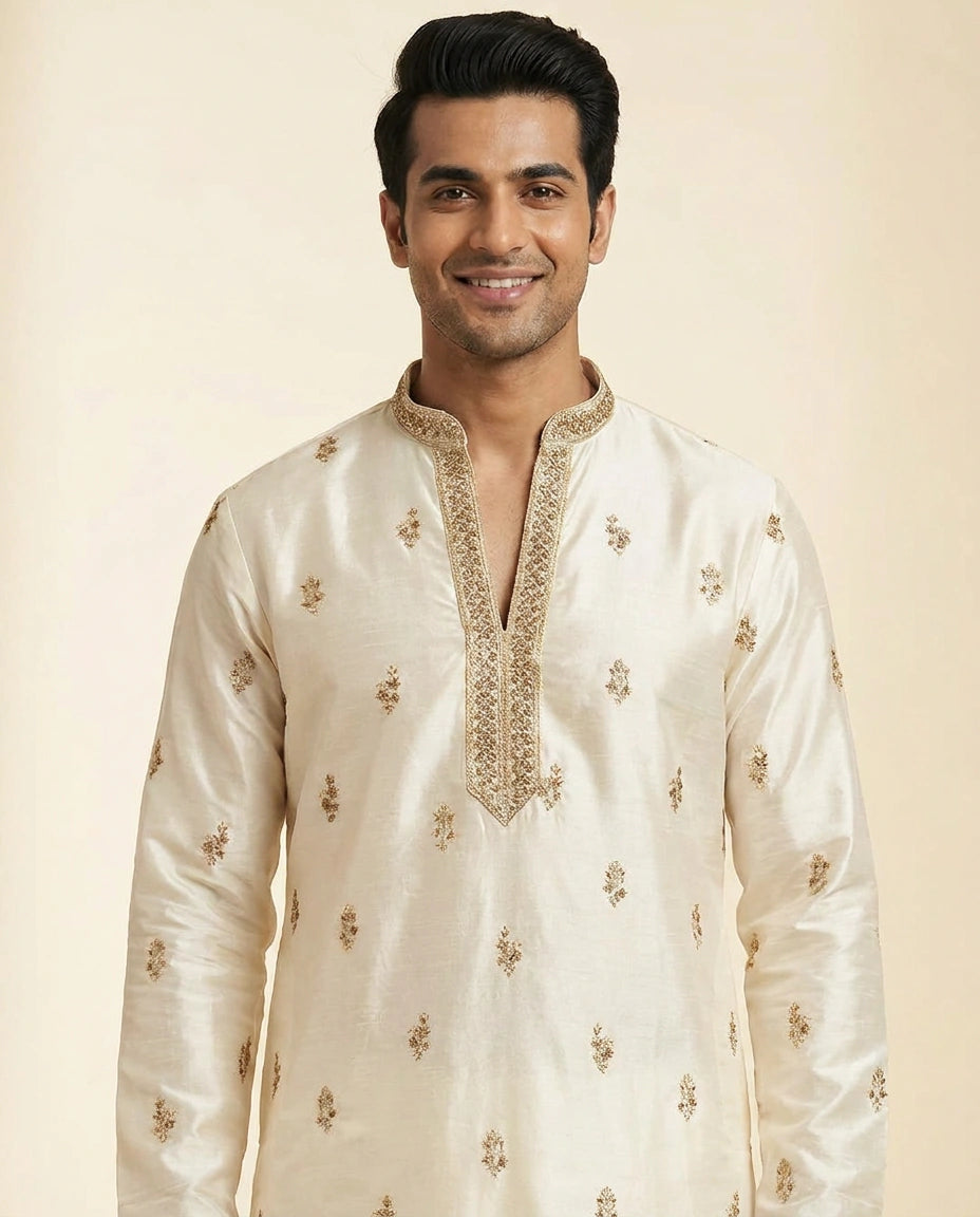 White Silk Katan Kurta Pajama Set - Rangoli India