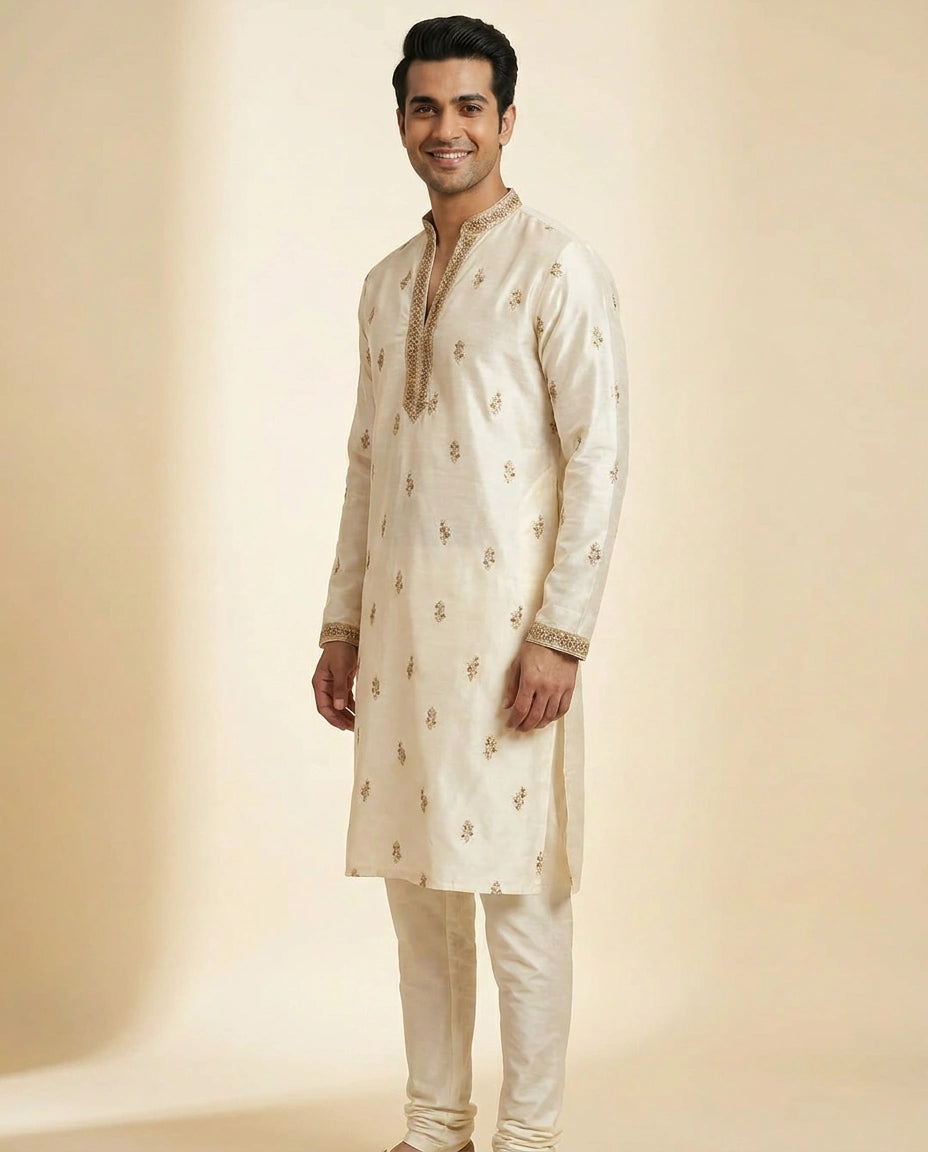 White Silk Katan Kurta Pajama Set - Rangoli India