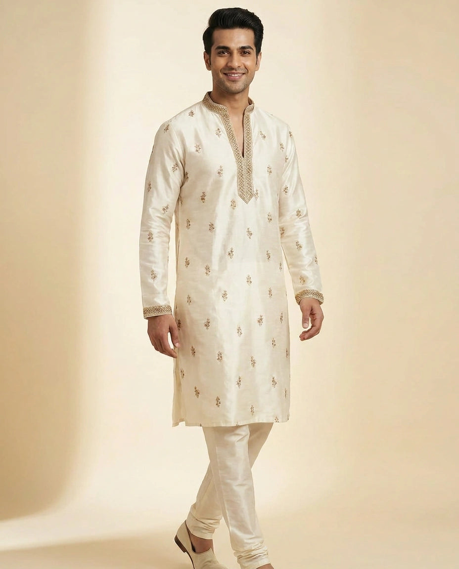 White Silk Katan Kurta Pajama Set - Rangoli India