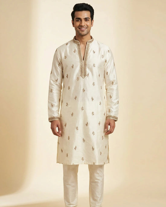White Silk Katan Kurta Pajama Set - Rangoli India