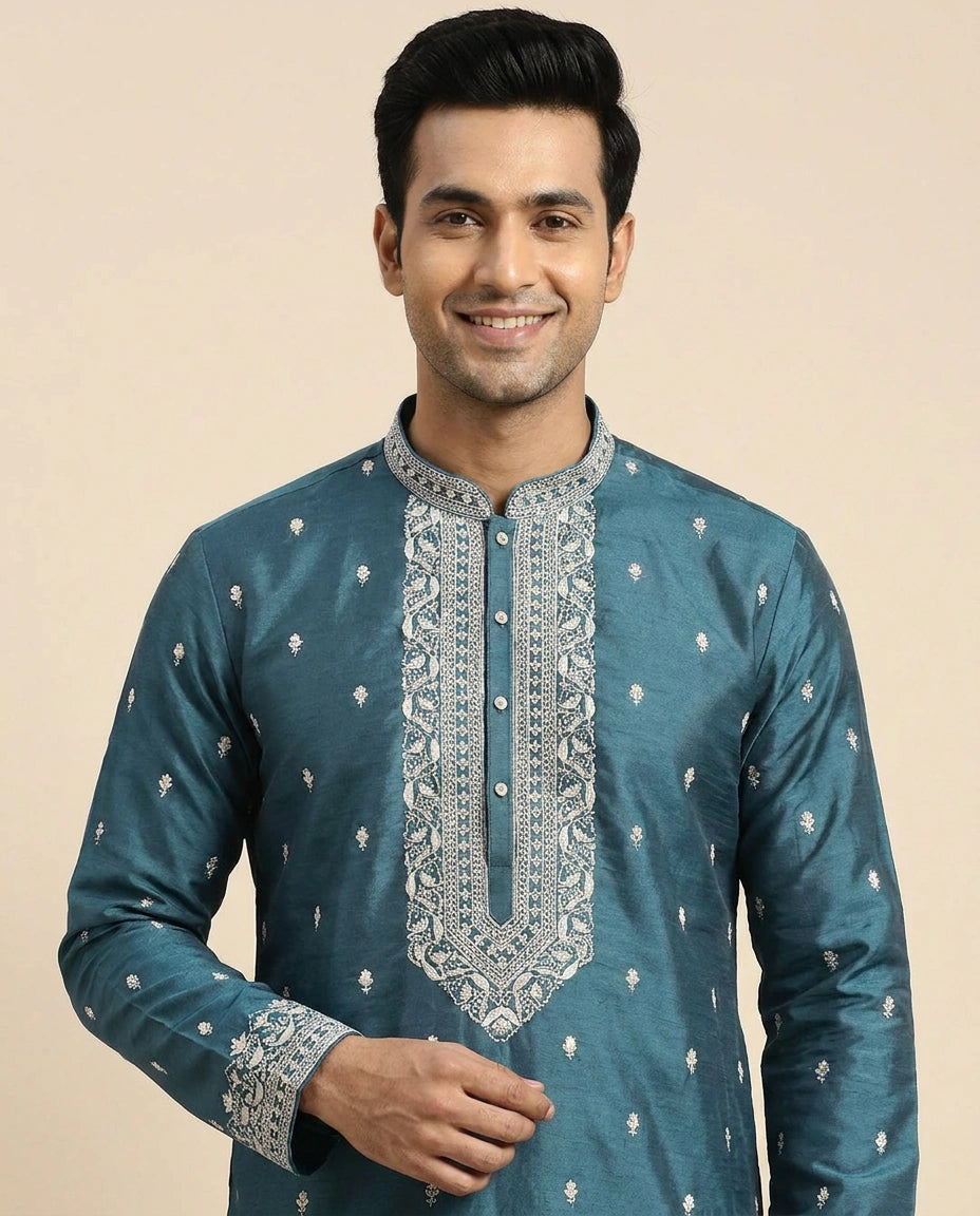 Blue Silk Katan Kurta Pajama Set - Rangoli India
