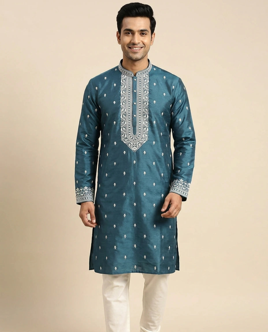 Teal blue silk kurta with white buti, full length front view with ivory churidar
