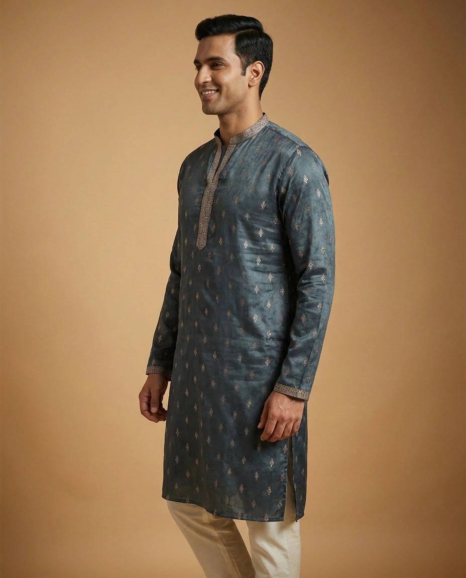 Men's Peacock Blue Muslin Kurta Pajama Set — photo 3 of 4