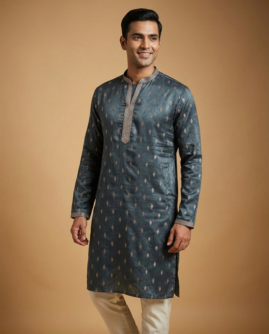 Men's Peacock Blue Muslin Kurta Pajama Set — photo 2 of 4