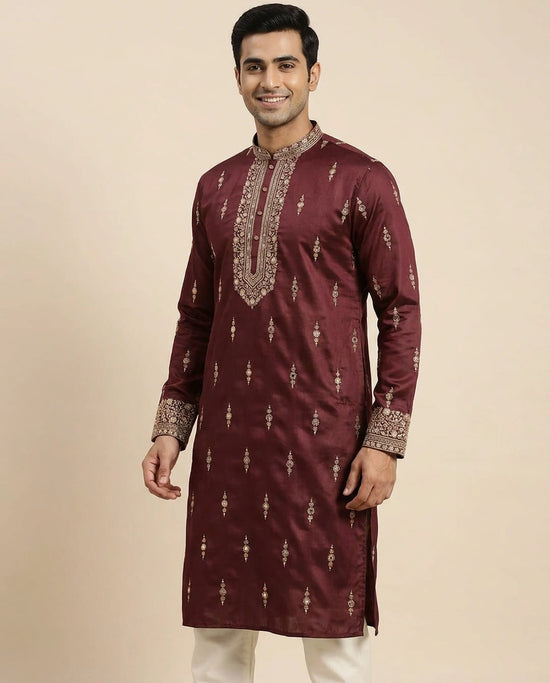Tussar Silk Kurta Pajama Set with Geometric Pattern - Rangoli India