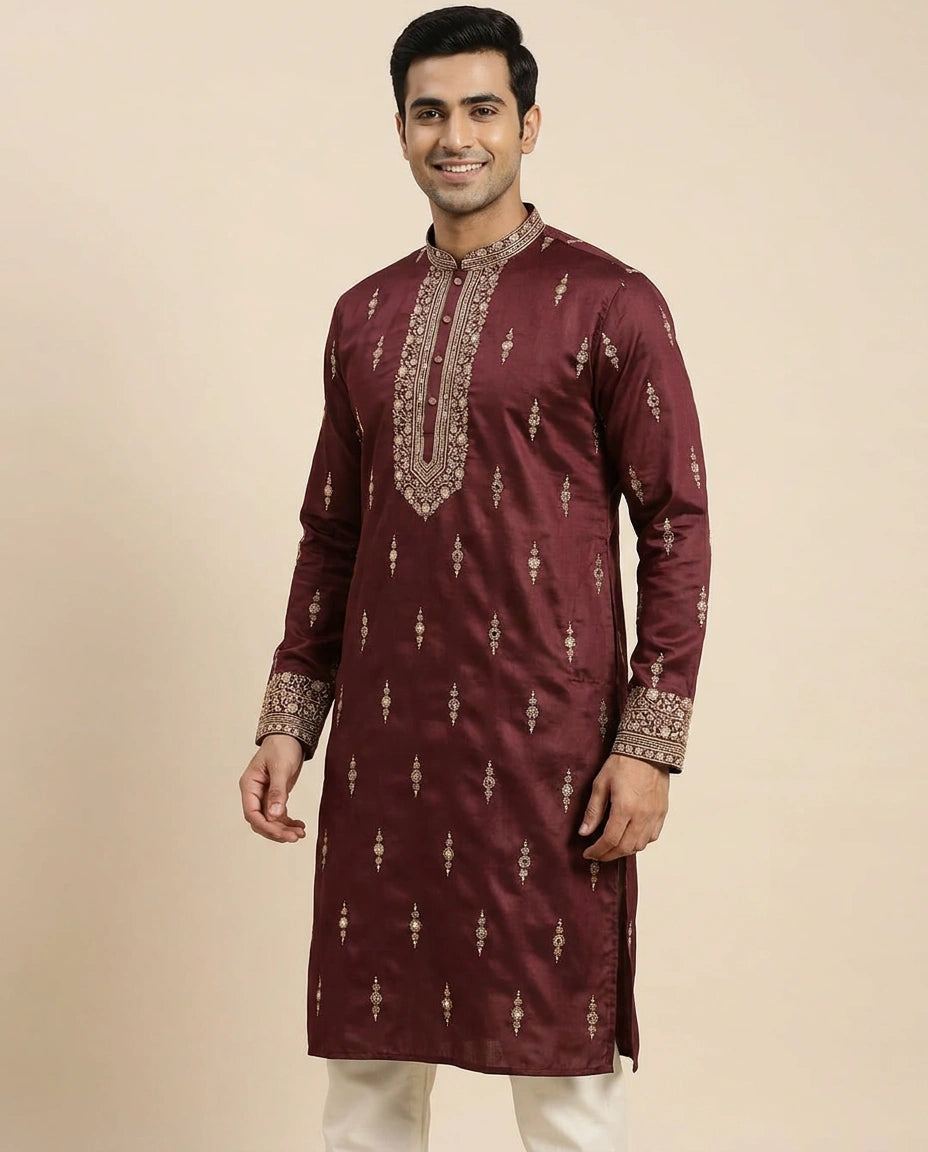 Tussar Silk Kurta Pajama Set with Geometric Pattern - Rangoli India