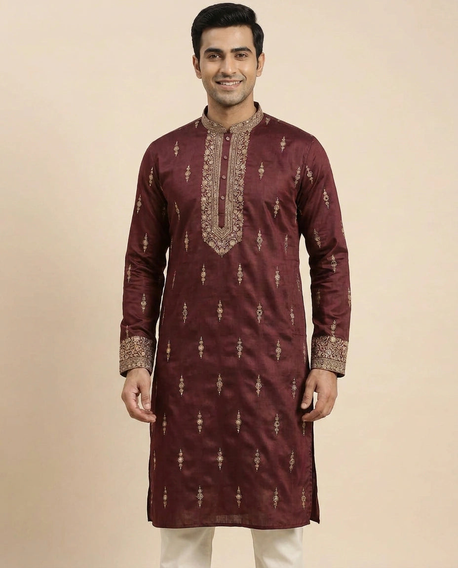 Tussar Silk Kurta Pajama Set with Geometric Pattern - Rangoli India