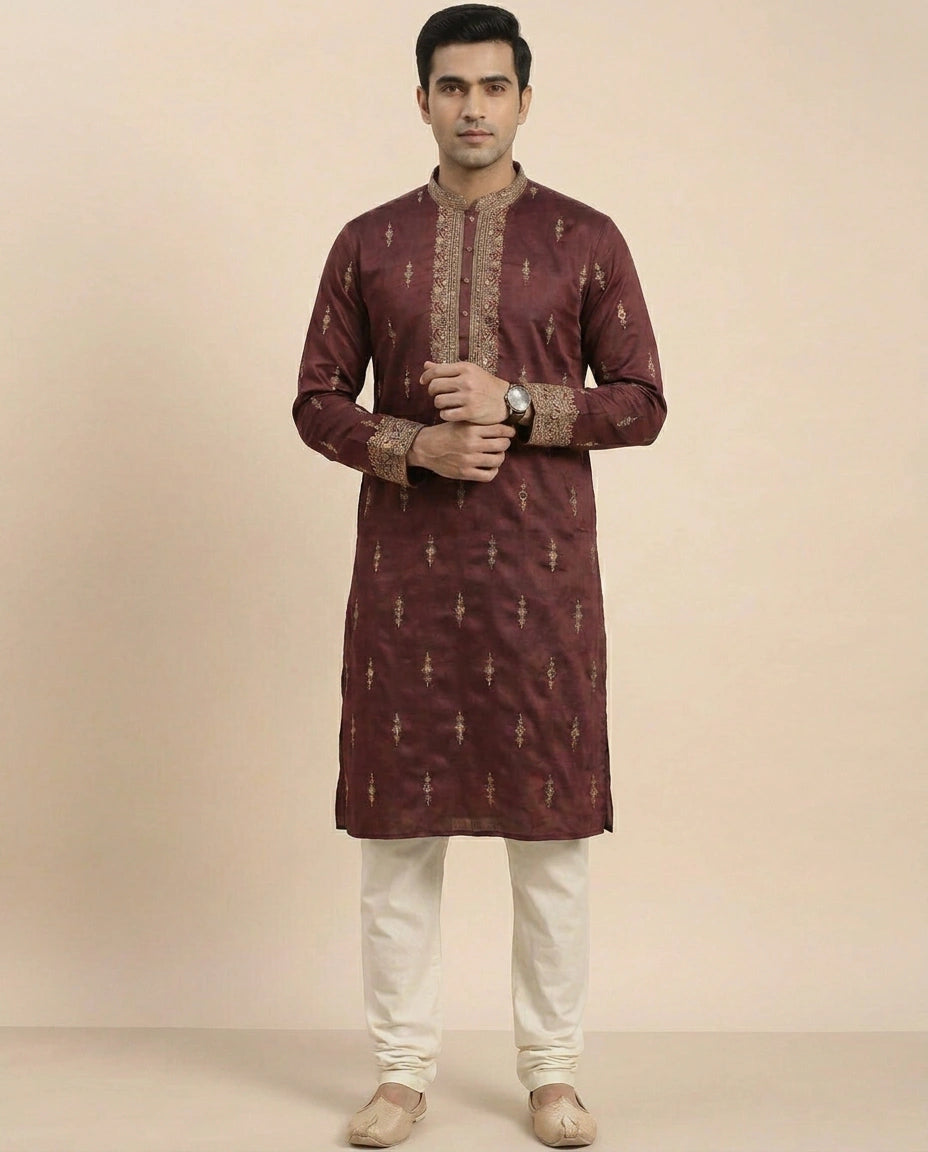 Tussar Silk Kurta Pajama Set with Geometric Pattern - Rangoli India