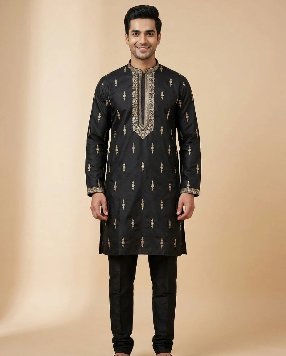 Tussar Silk Kurta Pajama Set with Geometric Pattern - Rangoli India