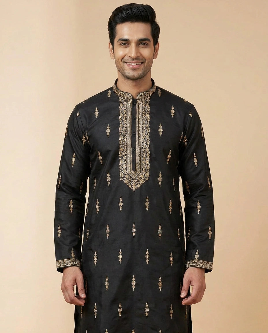 Tussar Silk Kurta Pajama Set with Geometric Pattern - Rangoli India