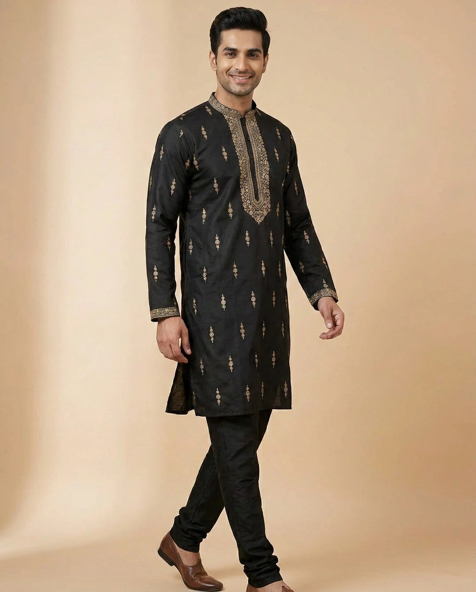Tussar Silk Kurta Pajama Set with Geometric Pattern - Rangoli India