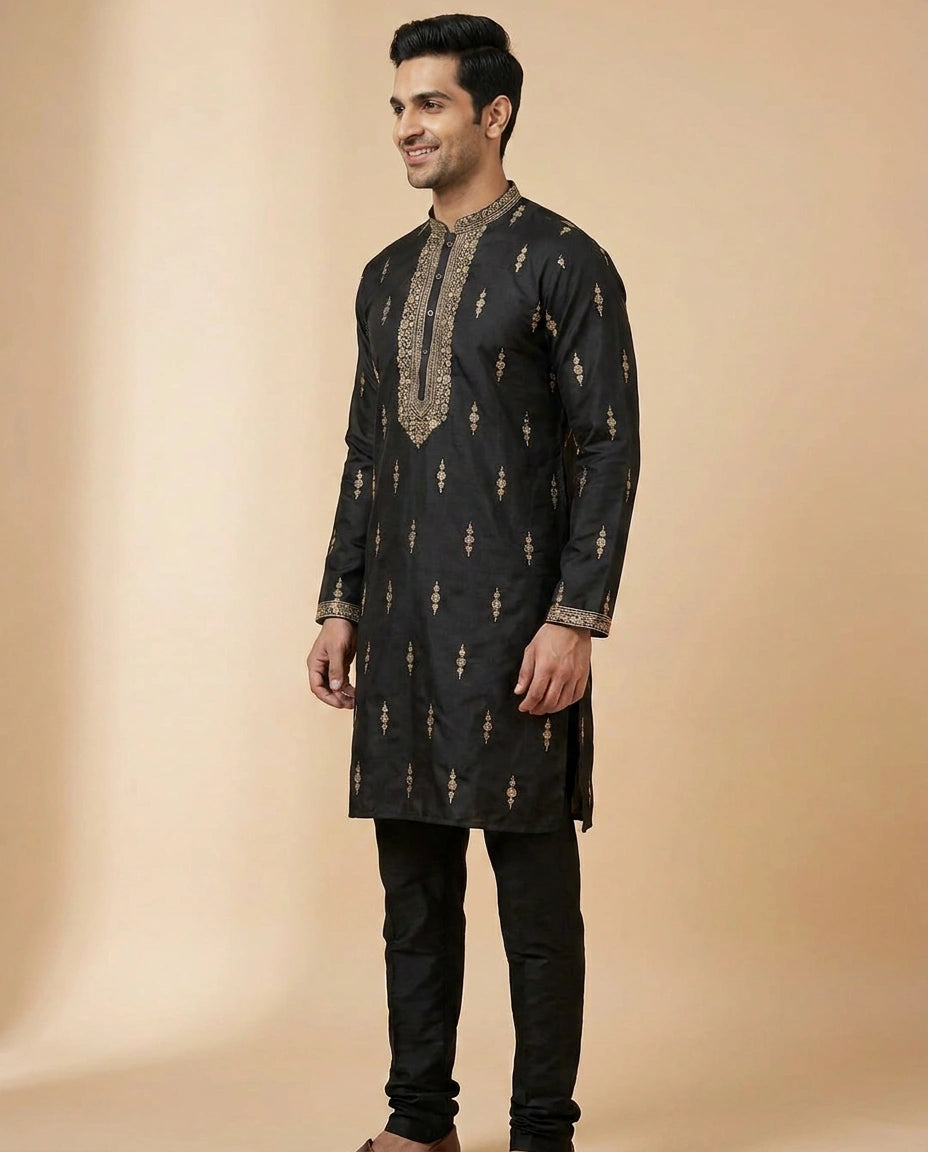 Tussar Silk Kurta Pajama Set with Geometric Pattern - Rangoli India