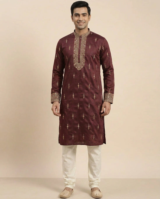 Tussar Silk Kurta Pajama Set with Geometric Pattern - Rangoli India