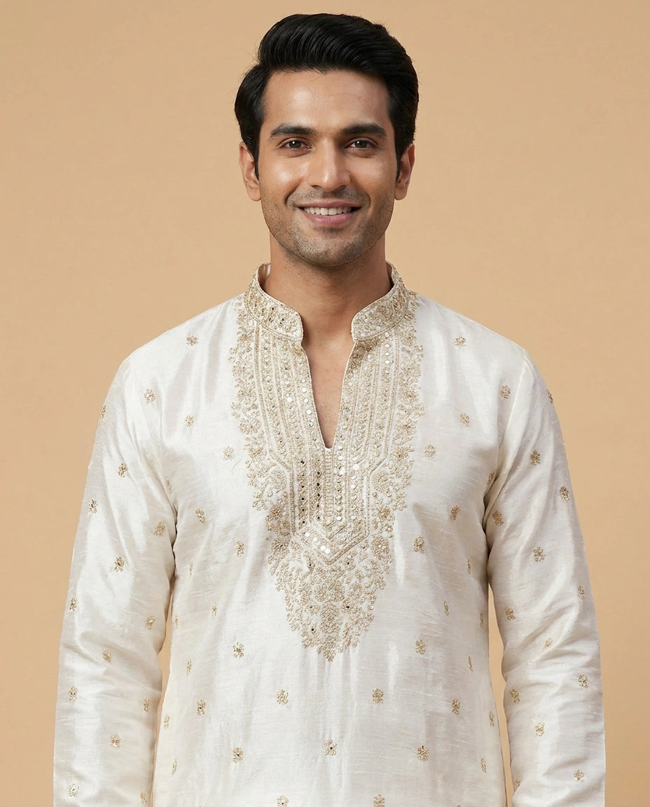 White Kurta Pajama Set in Chinon - Rangoli India