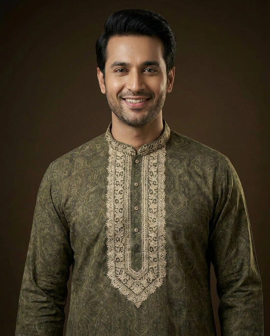 Men's Printed Dola Silk Kurta Pajama Set