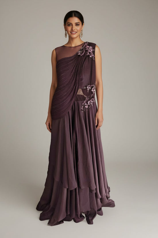 Contemporary Wrinkled Satin Suit Gown | Rangoli