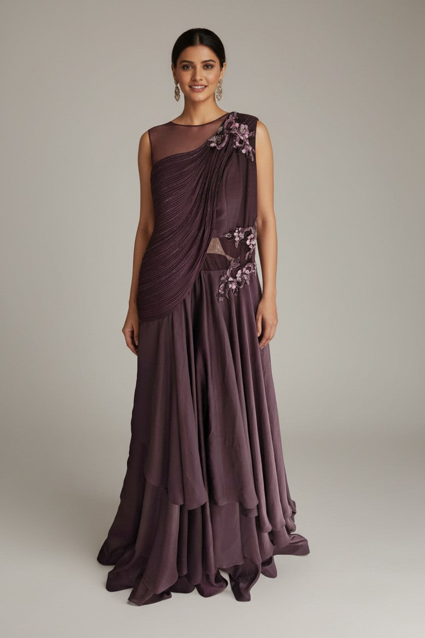 Contemporary Wrinkled Satin Suit Gown | Rangoli