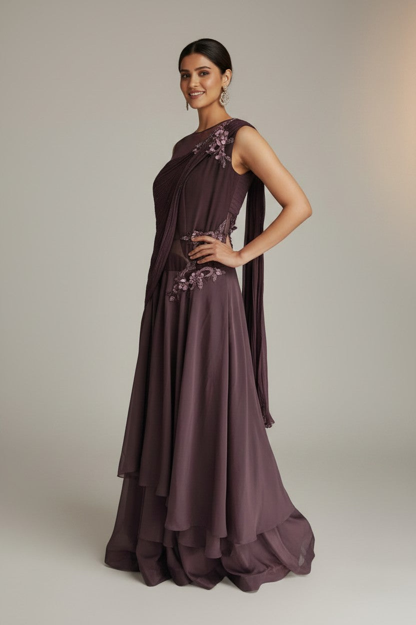 Contemporary Wrinkled Satin Suit Gown - View 2 | Rangoli