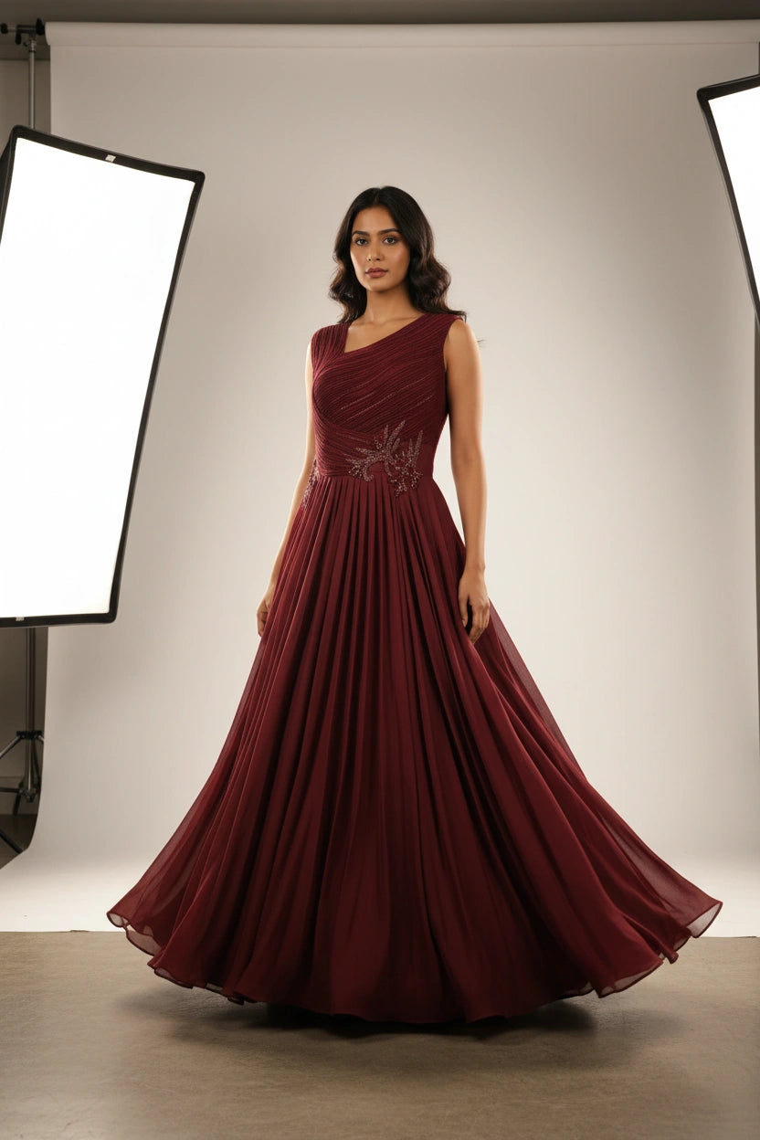 Contemporary Wrinkled Satin Suit Gown - View 3 | Rangoli