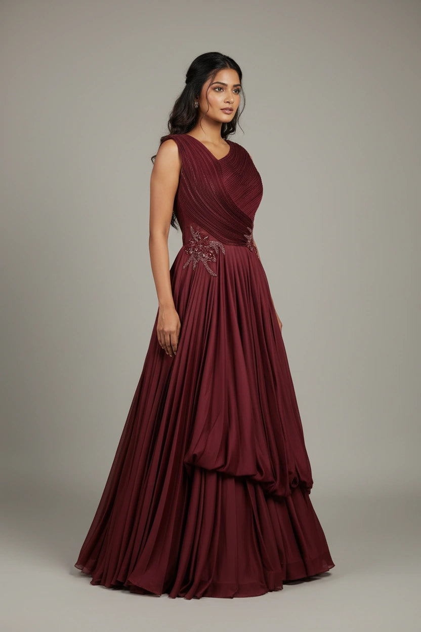 Contemporary Wrinkled Satin Suit Gown - View 4 | Rangoli