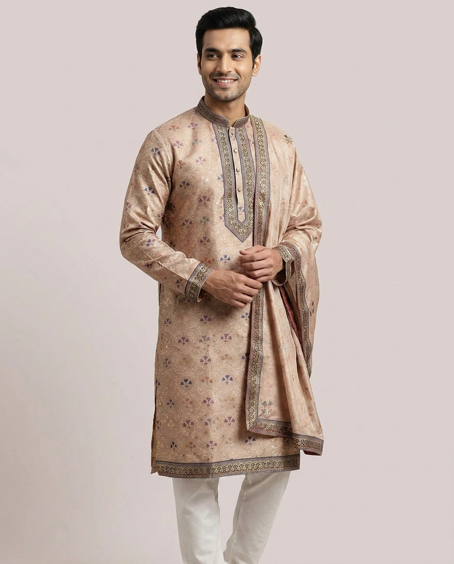Onion Pink Silk Katan Kurta Pajama Set - Rangoli India