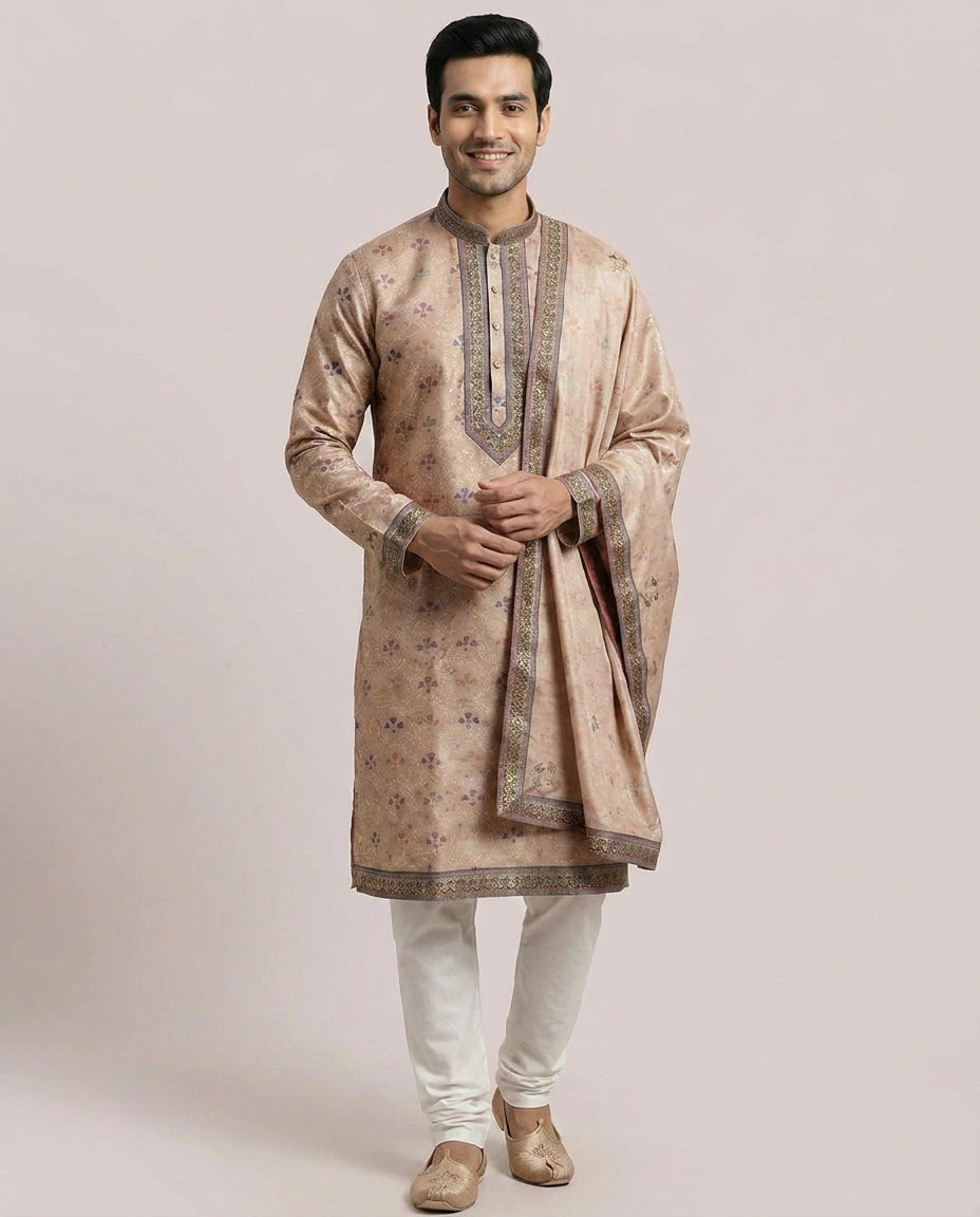 Onion Pink Silk Katan Kurta Pajama Set - Rangoli India