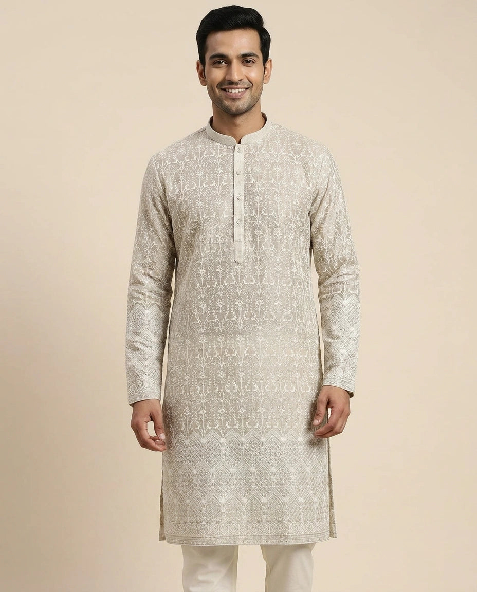Beige Tissue Kurta Pajama Set - Rangoli India