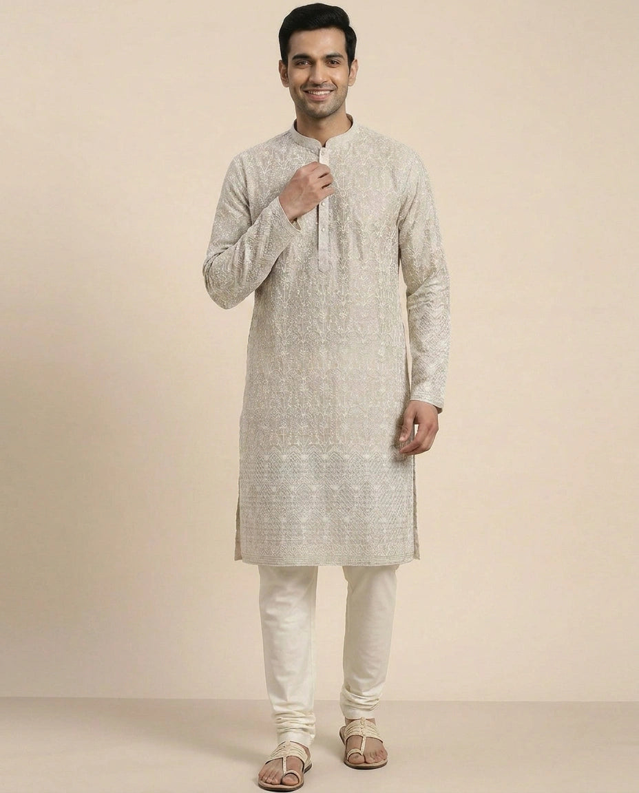 Beige Tissue Kurta Pajama Set - Rangoli India