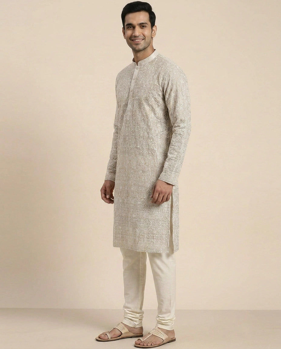 Beige Tissue Kurta Pajama Set - Rangoli India