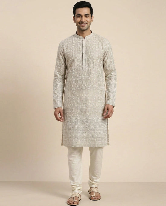 Beige Tissue Kurta Pajama Set - Rangoli India