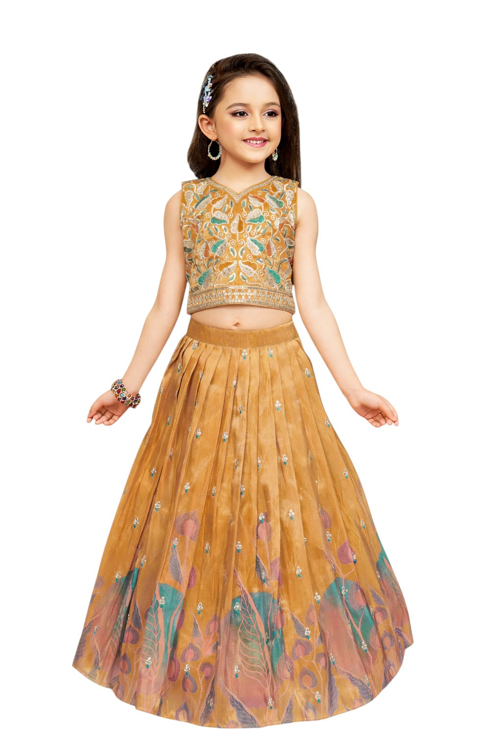 Kids Lehenga - Pink & Yellow | Silk Katan | Rangoli Kids
