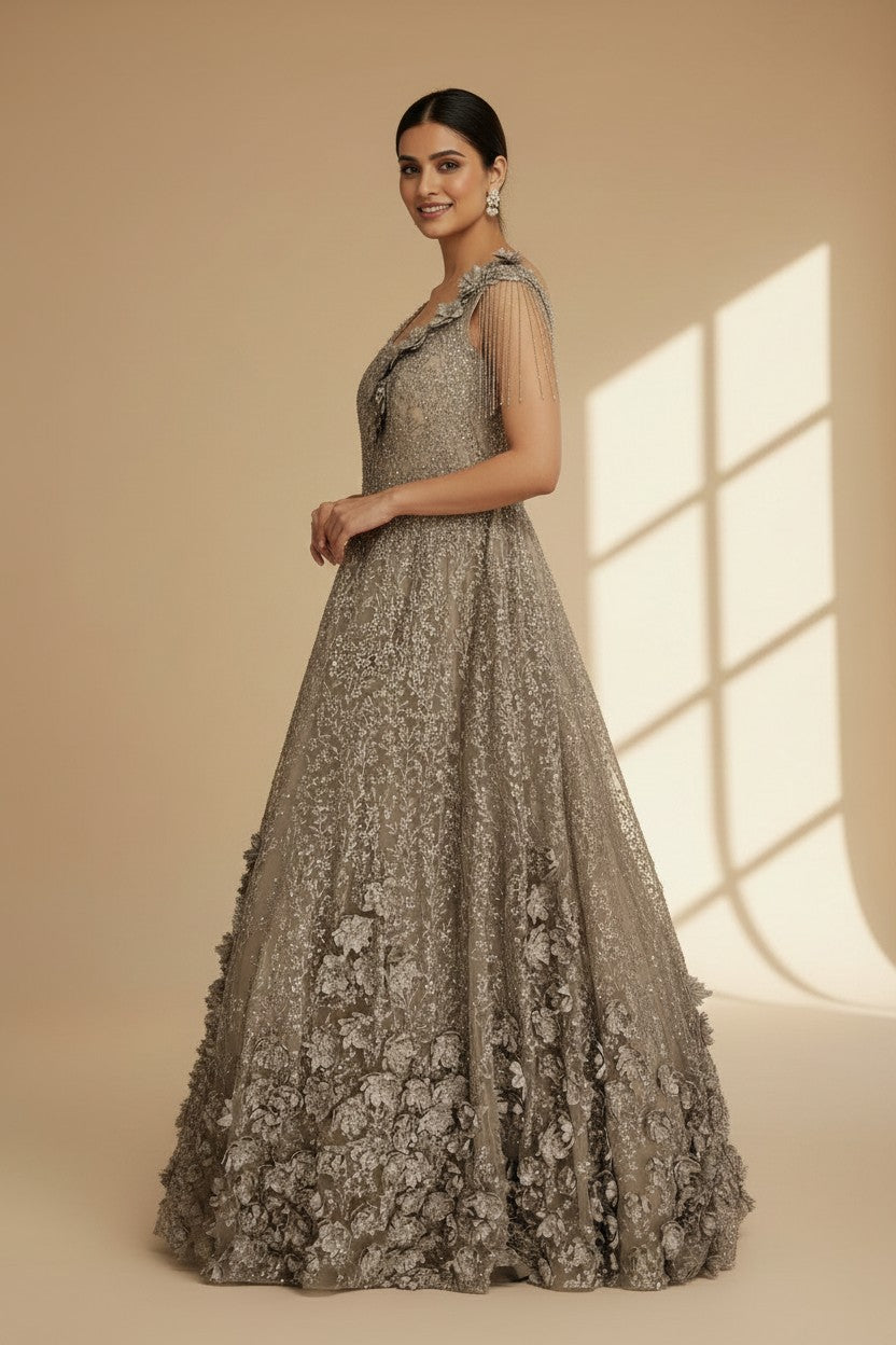 Premium Embroidered Net Suit Gown - View 2 | Rangoli