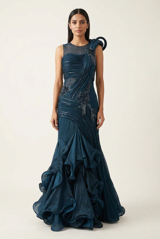 Peacock Blue Silk Katan Anarkali Gown for Wedding Reception