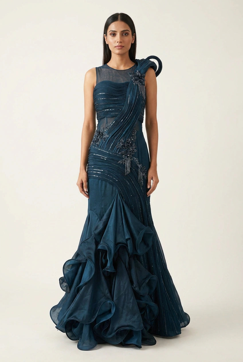 Peacock Blue Silk Katan Anarkali Gown for Wedding Reception