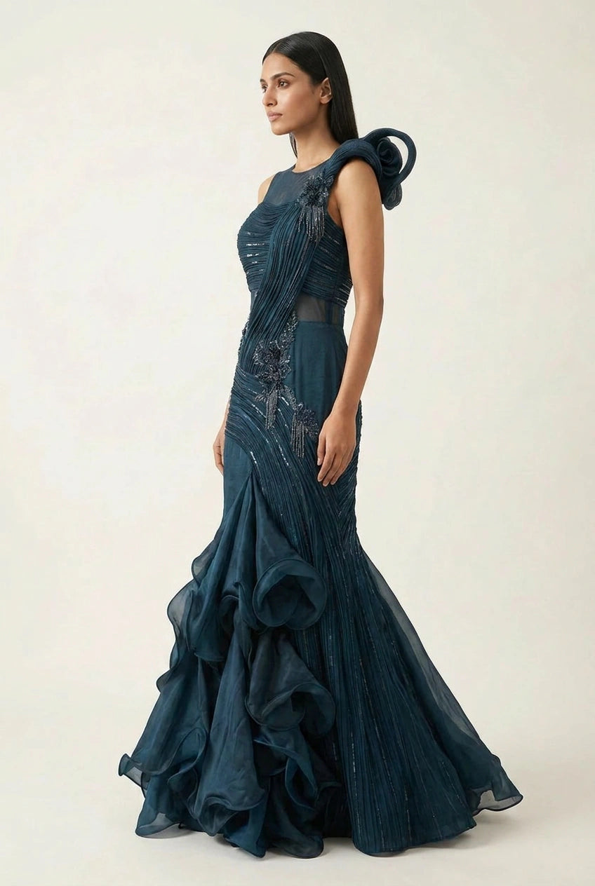 Peacock Blue Silk Katan Anarkali Gown for Wedding Reception