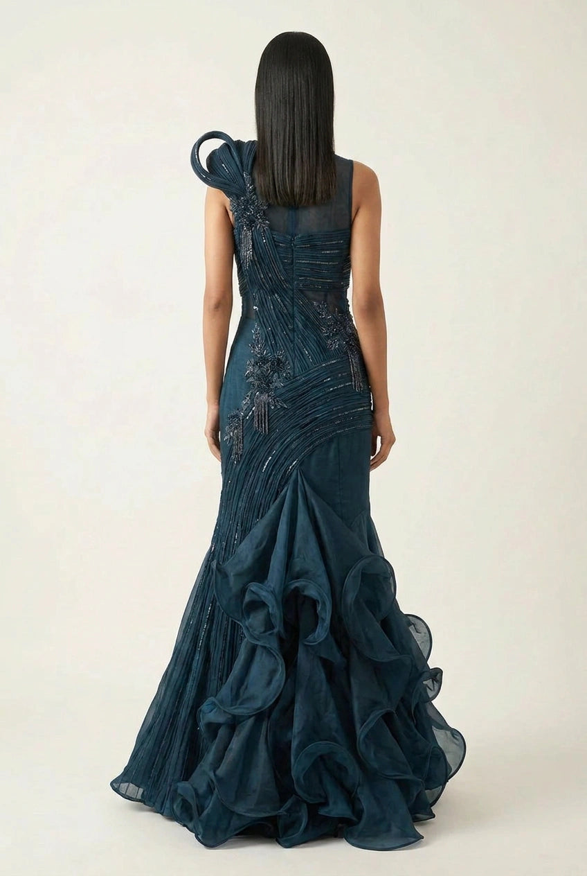 Peacock Blue Silk Katan Anarkali Gown for Wedding Reception