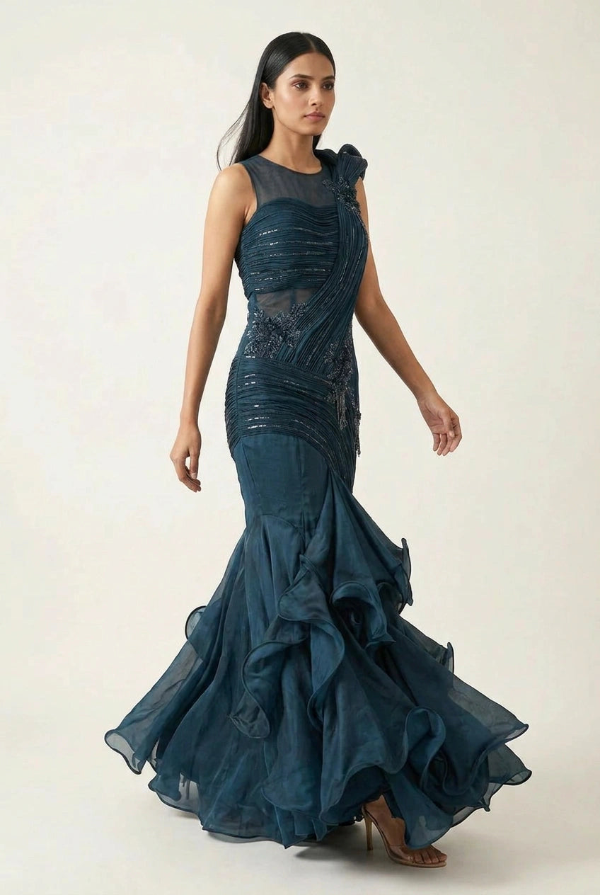 Peacock Blue Silk Katan Anarkali Gown for Wedding Reception