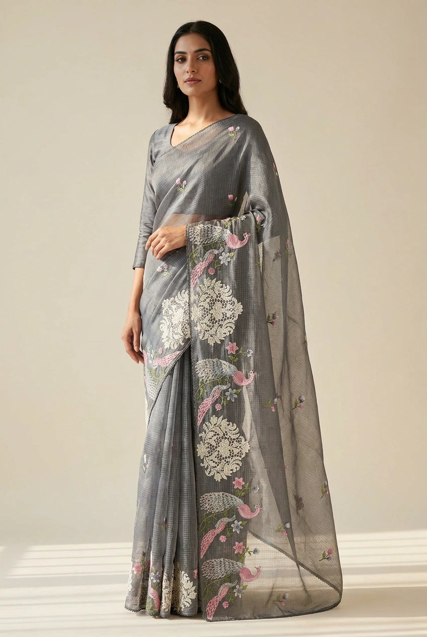 Blue Cotton Tant Saree with Tangail Buti - Rangoli India