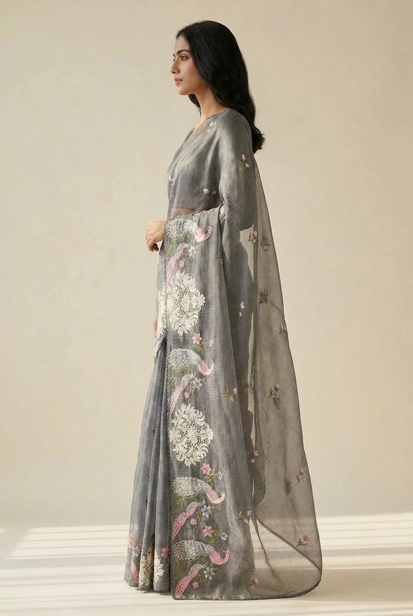 Blue Cotton Tant Saree with Tangail Buti - Rangoli India