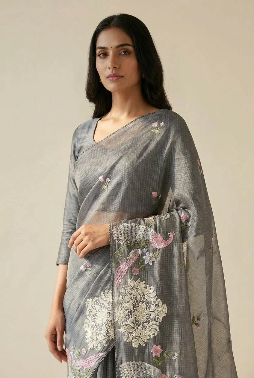 Blue Cotton Tant Saree with Tangail Buti - Rangoli India