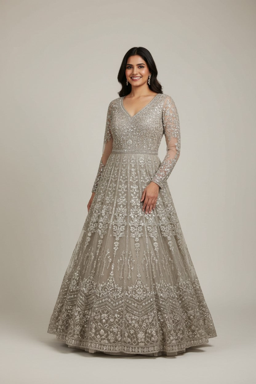 Designer Embroidered Net Suit Gown | Rangoli